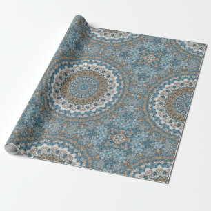 Blue and Tan Mandala Intricate Geometric Pattern Wrapping Paper