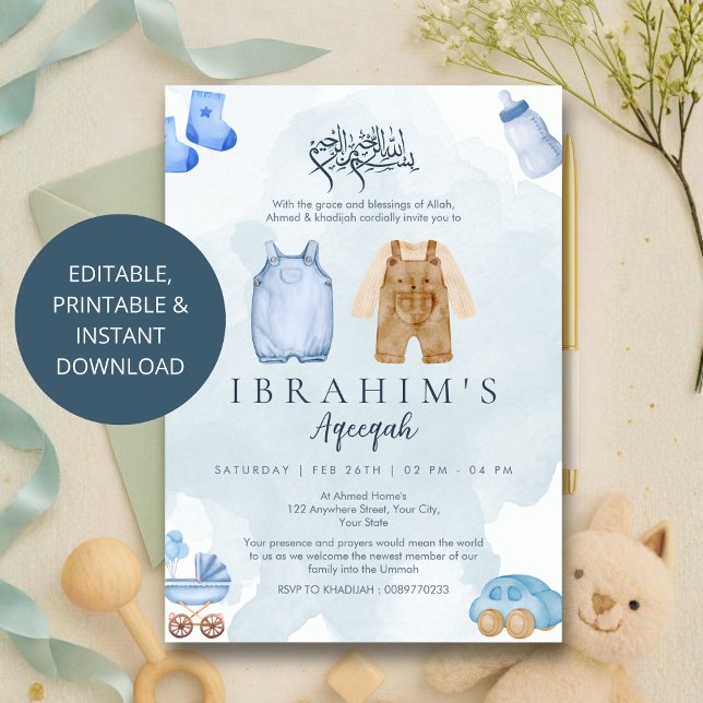 Blue and Tan Watercolor Baby Boy Aqeeqah inivite Invitation (Creator Uploaded)