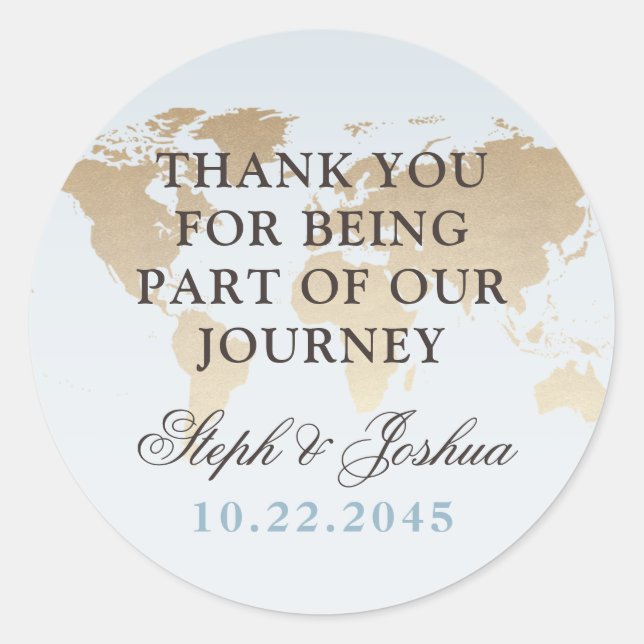 Blue and Tan World Map Thank You Favour Label (Front)