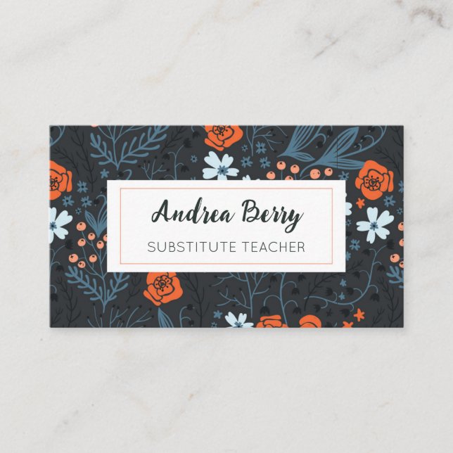 Blue and Tangerine Orange Substitute Teacher Business Card (Front)