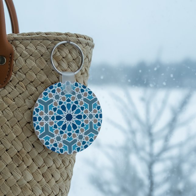 Blue and Taupe Moroccan Geometric Mosaic Pattern Key Ring (Moroccan Tile Pattern Keychain)