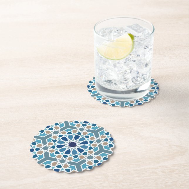 Blue and Taupe Moroccan Geometric Mosaic Pattern Paper Coaster (Insitu)