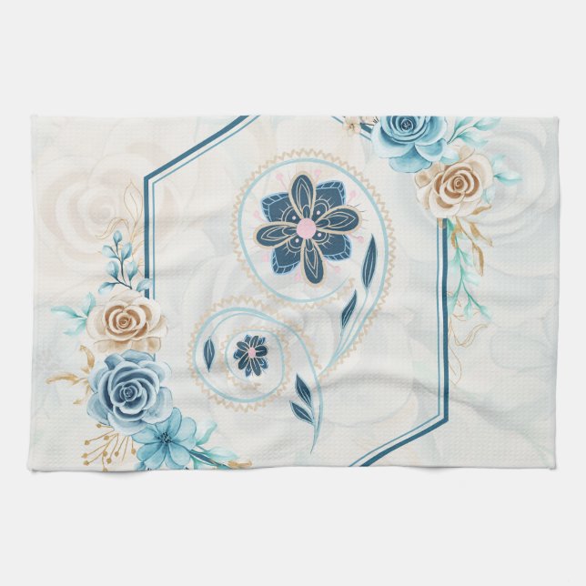 Blue and Teal Art, "Revitalising Life", Floral Tea Towel (Horizontal)
