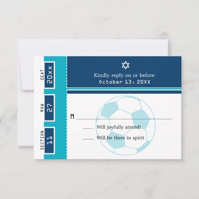 Blue and Teal Bar Mitzvah Soccer Ticket RSVP (Front)