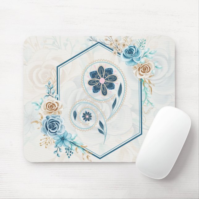 Blue and Teal Floral Graphic, "Revitalising Life" Mouse Pad (With Mouse)
