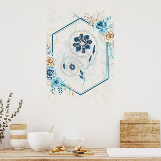 Blue and Teal Floral Graphic, "Revitalising Life" Poster (Kitchen)