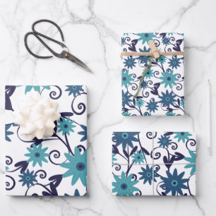 Blue And Teal Floral Pattern Wrapping Paper Sheet