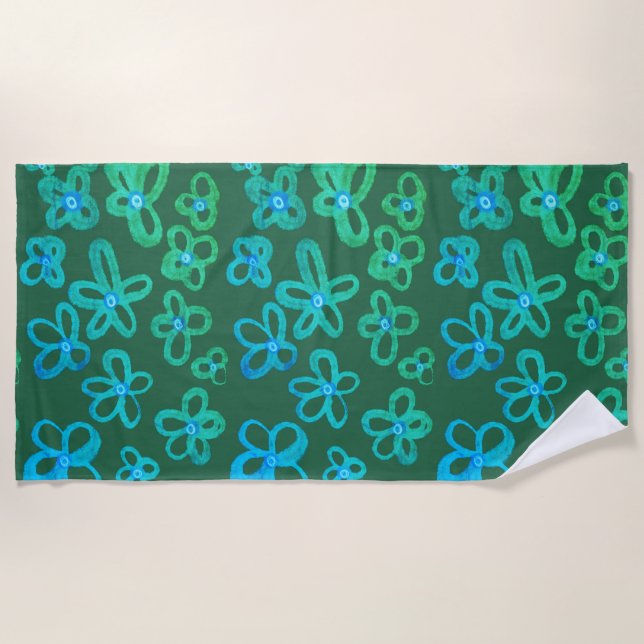 Blue and teal flowers beach towel (Front)