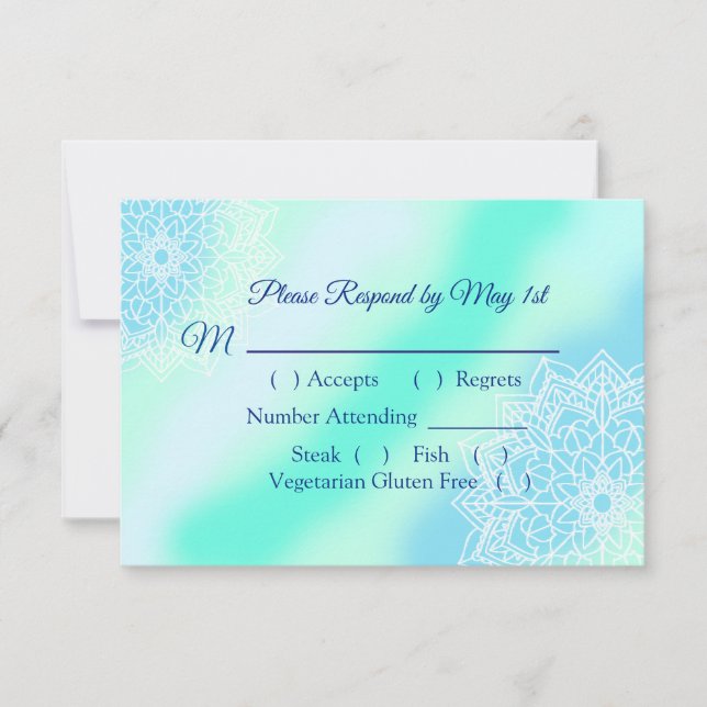Blue and Teal Mandala Elegant Wedding RSVP Card (Front)