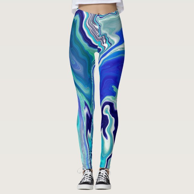 Blue and Teal Marble Waves  Leggings (Front)