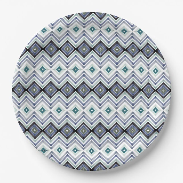 Blue and Teal Patterned Paper Plate (Front)