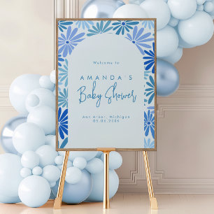Blue and Teal Retro Floral Groovy Baby Welcome Poster