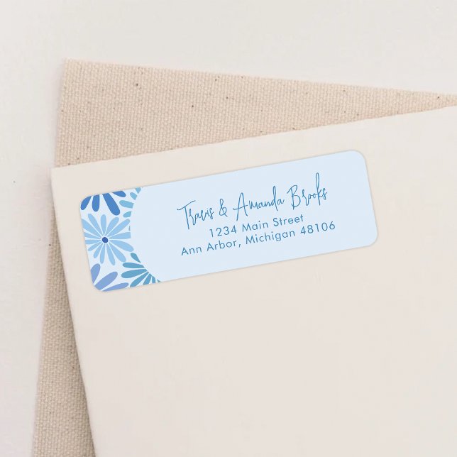 Blue and Teal Retro Floral Groovy Return Address (Creator Uploaded)