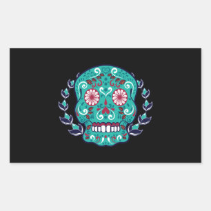 Blue and Teal Sugar Skull Laurel Leaf Rectangular Sticker
