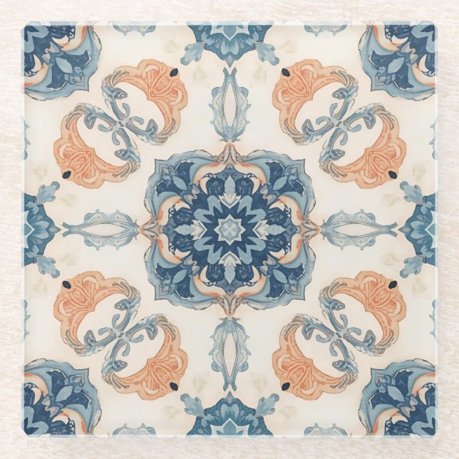 Blue and Terracotta Mediterranean Boho Glass Coaster (Front)