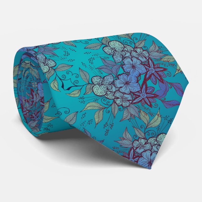 Blue and Turquoise Flower Pattern Tie (Rolled)