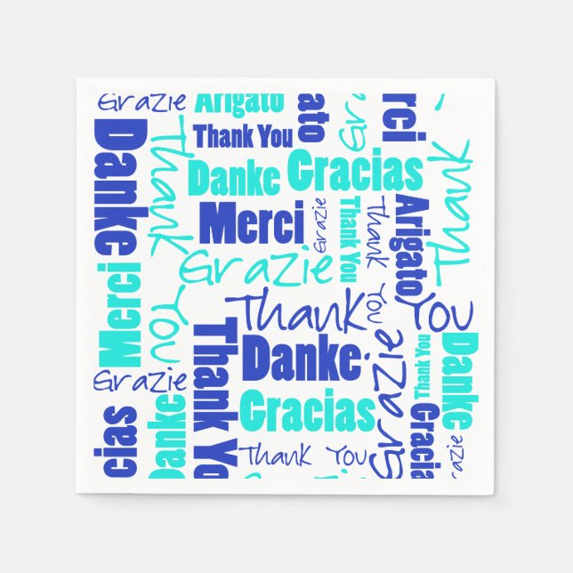 Blue and Turquoise Multilingual Thank You Napkin (Front)