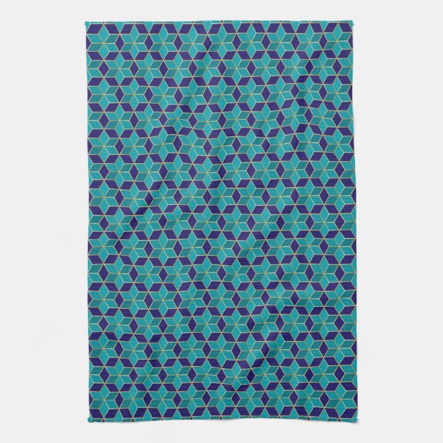 Blue and Turquoise Star of David Tessellation Tea Towel (Vertical)