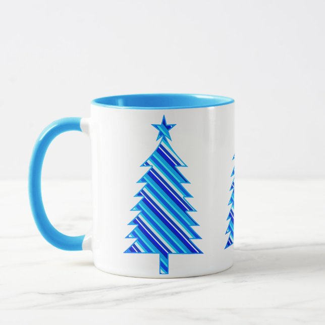 Blue and Turquoise Stripes Christmas Tree Mug (Left)