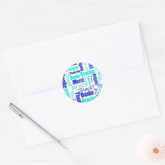 Blue and Turquoise Thank You Word Cloud Classic Round Sticker (Envelope)