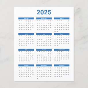 Blue and White 2025 Yearly Calendar Paper Sheet