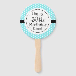 Blue And White 50th Birthday Polka Dots Hand Fan
