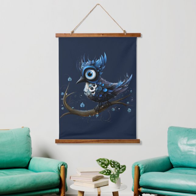 Blue and White Abstract Blue Jay Left Facing Hanging Tapestry (Living Room)