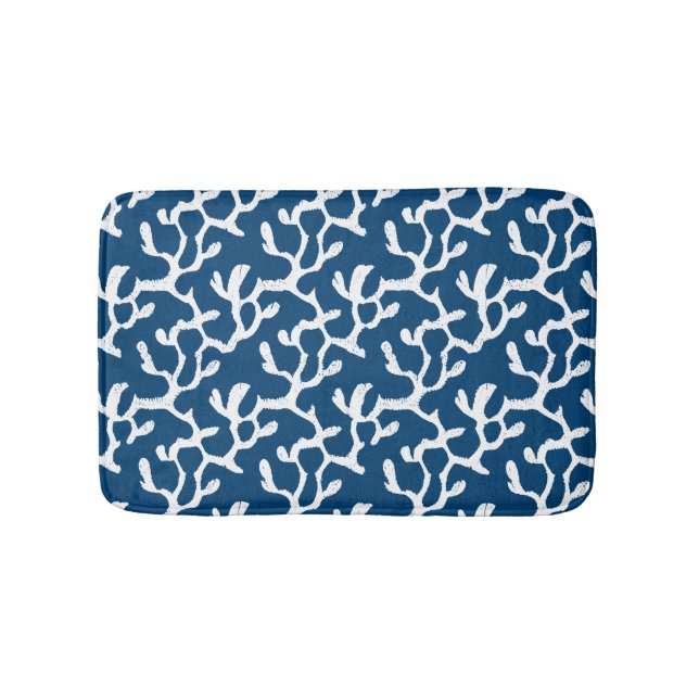 Blue And White Abstract Coral Repeating Pattern Bath Mat (Front)