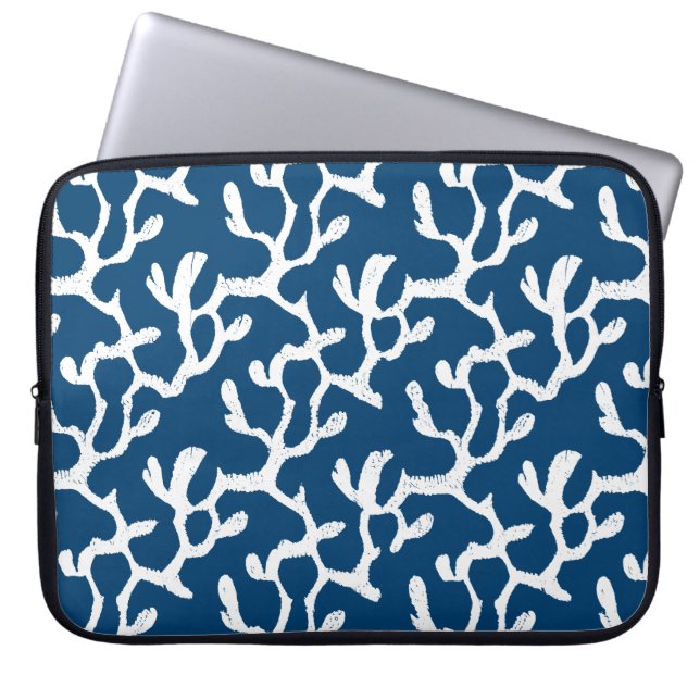Blue And White Abstract Coral Repeating Pattern Laptop Sleeve (Front)