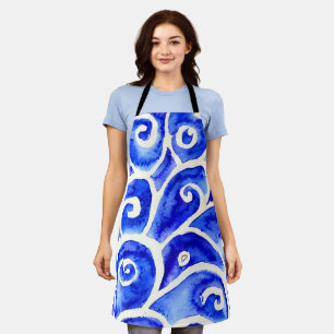 Blue and White Abstract Curly Design Pattern Apron