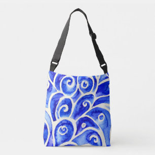 Blue and White Abstract Curly Design Pattern Crossbody Bag