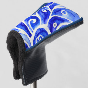 Blue and White Abstract Curly Design Pattern Golf Head Cover