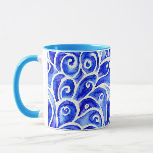 Blue and White Abstract Curly Design Pattern Mug