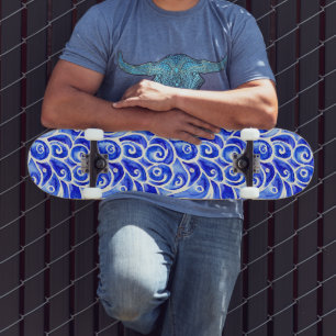 Blue and White Abstract Curly Design Pattern Skateboard
