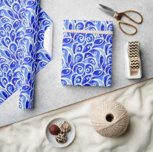 Blue and White Abstract Curly Design Pattern Wrapping Paper