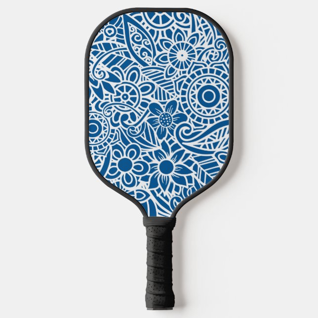 Blue and White Abstract Floral Pattern Hawaiian Pickleball Paddle (Front)