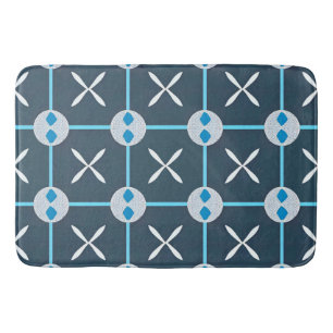 Blue and White Abstract Geometric Pattern Bath Mat