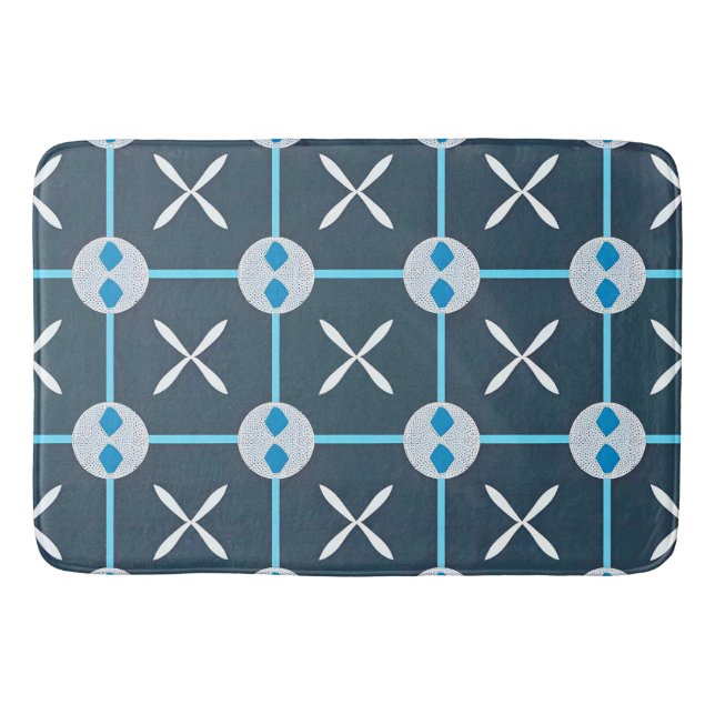 Blue and White Abstract Geometric Pattern Bath Mat (Front)