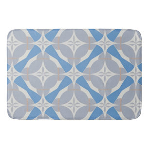 Blue and White Abstract Geometric Pattern Bath Mat
