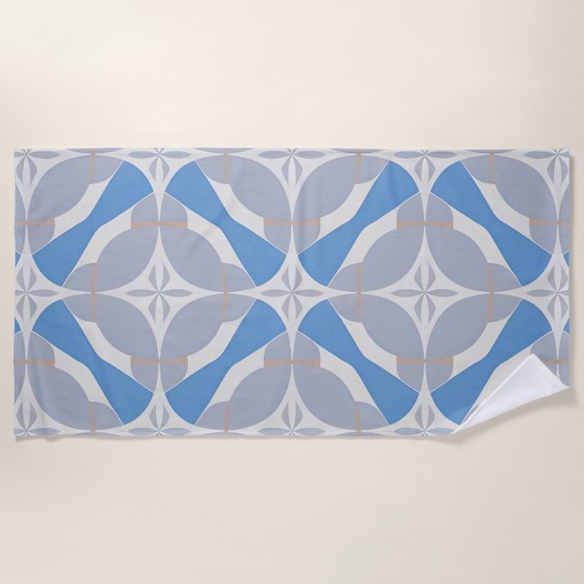 Blue and White Abstract Geometric Pattern Beach Towel (Front)