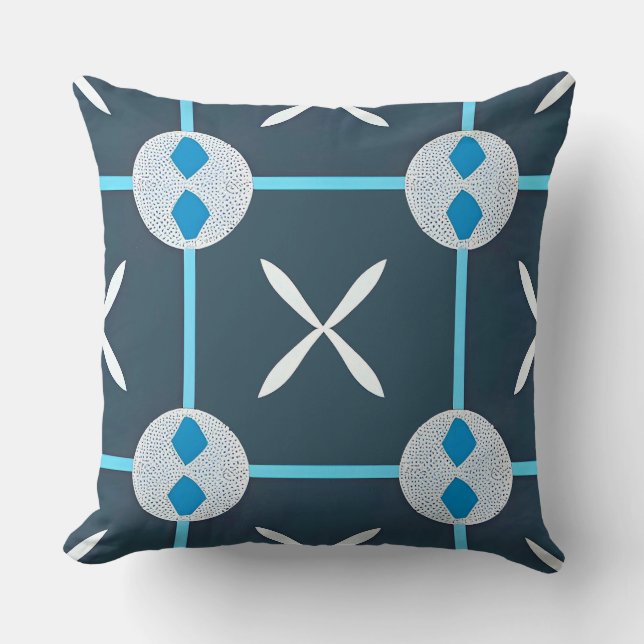 Blue and White Abstract Geometric Pattern Cushion (Front)