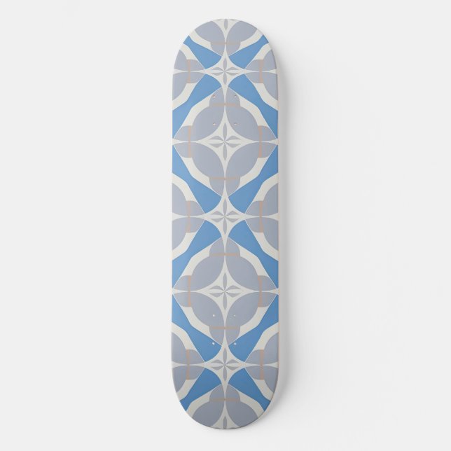 Blue and White Abstract Geometric Pattern Skateboard (Front)