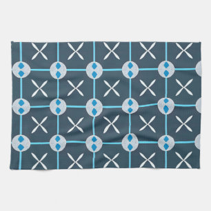 Blue and White Abstract Geometric Pattern Tea Towel