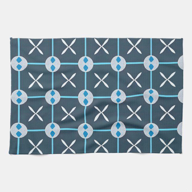 Blue and White Abstract Geometric Pattern Tea Towel (Horizontal)