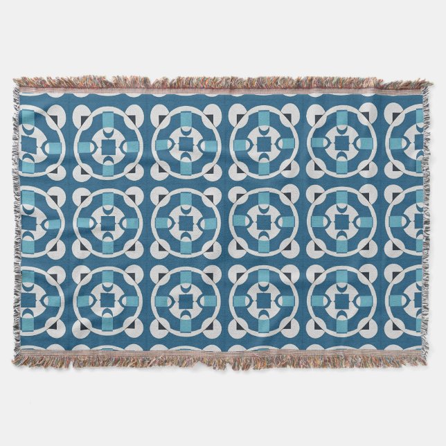 Blue and White Abstract Geometric Pattern Throw Blanket (Front)