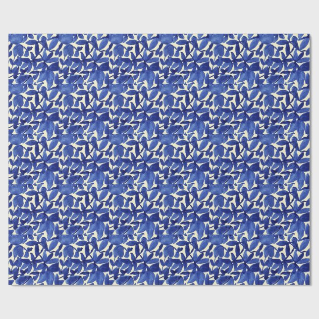 Blue and White Abstract Leave Print Wrapping Paper (Flat)