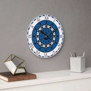 Blue and White Abstract Nautical Anchor Large Clock