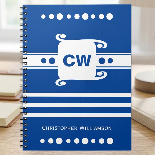 Blue and white add initials name striped notebook (Creator Uploaded)
