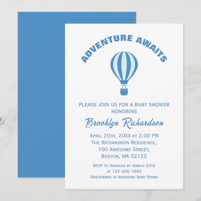 Blue And White Adventure Awaits Boy Baby Shower Invitation (Front/Back)