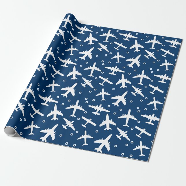Blue and White Aeroplane Aviation Themed Pattern Wrapping Paper (Unrolled)
